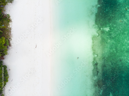 Woman swimming in caribbean sea turquoise transparent water. Aerial top down view, minimal composition. Exotic vacation wellbeing fitness.