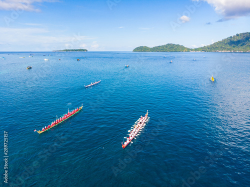 Aerial view Banda Islands Moluccas archipelago Indonesia, Kora Kora traditional canoe annuale race in Bandaneira. photo