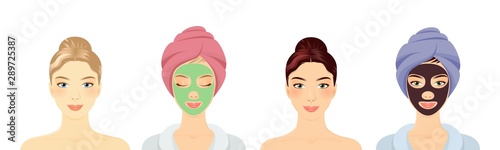 Women in a Spa with different face masks set