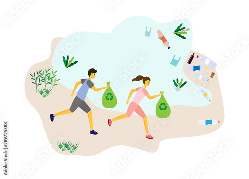 Concept plogging. Young people jog  collect garbage on the river  ocean. A girl and a guy run around with garbage bags  clean the nature of plastic and other waste. Flat vector illustration.