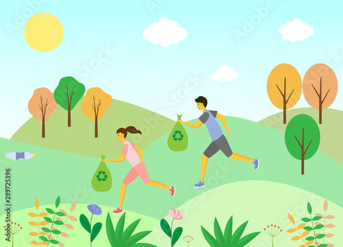 Plogging. Concept of jogging and garbage collection. Couple picking up litter during plogging eco-marathon, run through the forest, clean plastic bottles and other waste. Flat vector illustration.