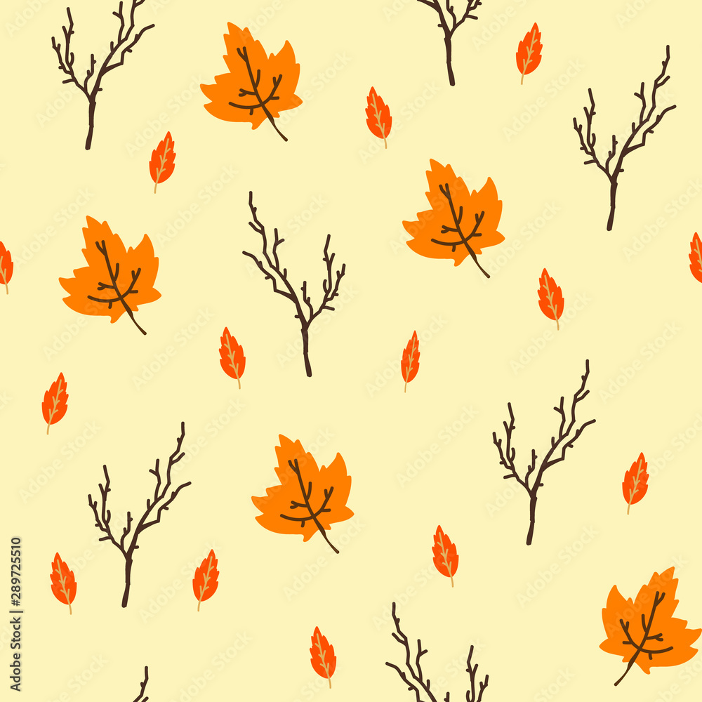 Obraz premium Vector seamless pattern with autumn leaves and branches. Endless print with yellow and orange leaves and tree branches