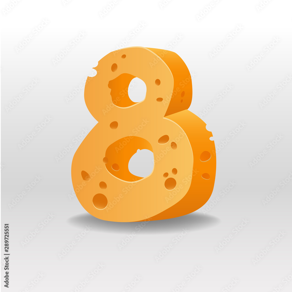 Obraz premium 8. Realistic figure of cheese. 3D vector illustration. Numeral eight of cheesy font. Element for banner, poster, card, flyer design.
