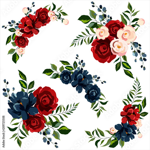 set of vector drawings, bouquets of flowers with leaves