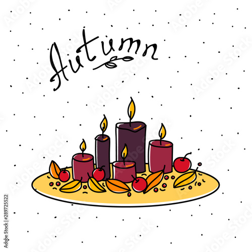 Vector illustration with different autumn still life. Autumn mood picture on dot background with lettering