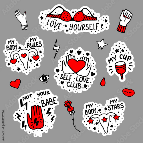 Vector hand drawn set of stickers with feminist slogan. Feminism hand drawn illustration.  Design for logo, icon, print, slogan, stickers