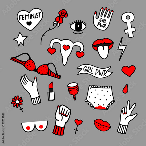 Vector hand drawn set of stickers with feminist slogan. Feminism hand drawn illustration.  Design for logo, icon, print, slogan, stickers