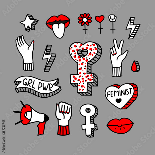 Vector hand drawn set of stickers with feminist slogan. Feminism hand drawn illustration.  Design for logo, icon, print, slogan, stickers