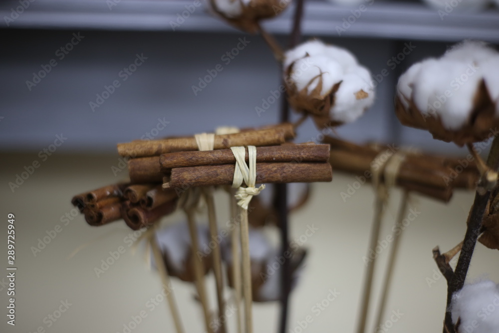 cinnamon sticks on cotton flower background