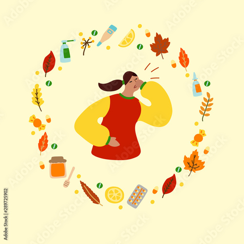 Vector flat illustration with flu woman and frame of medicines and leaves. Wreath consisting of medicines for colds and leaves. Concept of seasonal autumn flu woman, cold woman and medication