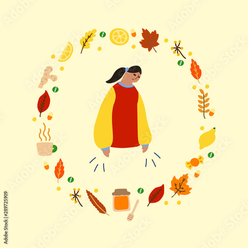 Vector flat illustration with flu woman and frame of medicines and leaves. Wreath consisting of medicines for colds and leaves. Concept of seasonal autumn flu woman, cold woman and medication