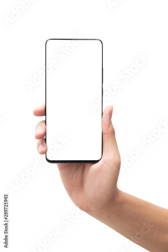 Male hand holding the black smartphone with blank screen isolated on white background with clipping path.