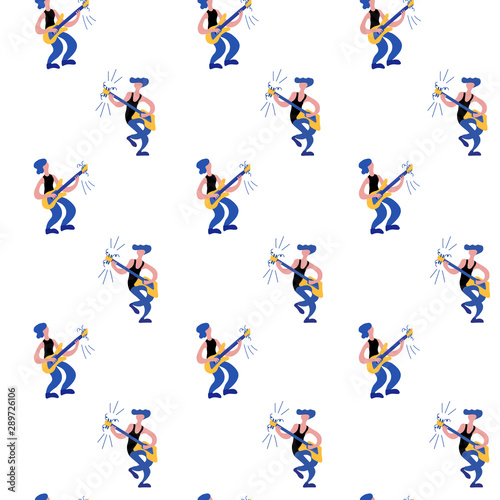 Vector flat seamless pattern with doodle musicians. Endless print with hand drawn music band plays their instruments. Bright color trendy design for print, textile