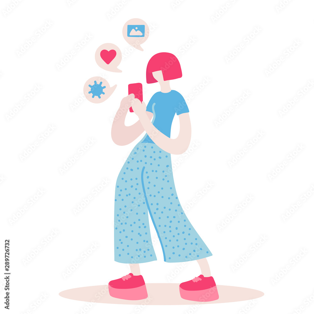 Vector flat illustration with doodle woman with a device. Woman takes a photo on a smartphone . Design of a modern young woman with a mobile device Vector flat illustration with doodle woman with a device. Woman takes a photo on a smartphone . Design of a modern young woman with a mobile device