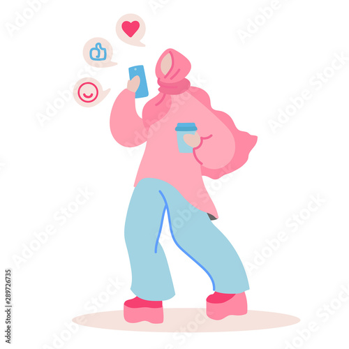 Vector flat illustration with doodle woman with a device. Muslim woman sends messages on smartphone. Design of a modern young woman with a mobile device