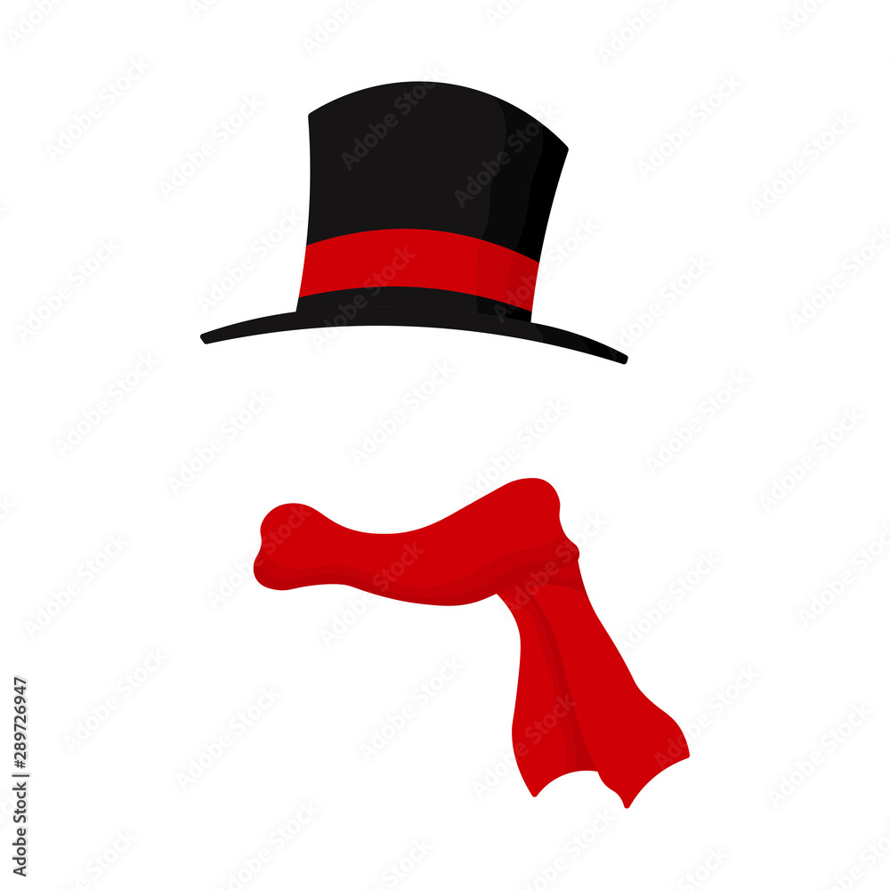 Black hat and red scarf. Vector drawing. Isolated object on a white background. Isolate. Black hat and red scarf. Vector drawing. Isolated object on a white background. Isolate.