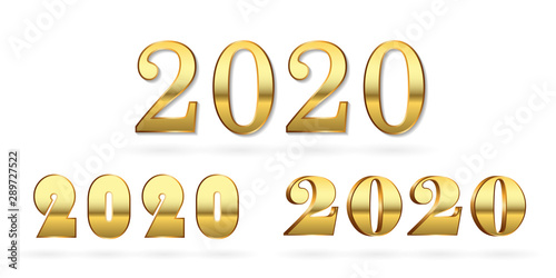 Happy New Year number 2020 set. Gold 3D numbers isolated white background. Bright golden design greeting card, Christmas banner, holiday celebration, decoration poster, calendar. Vector illustration