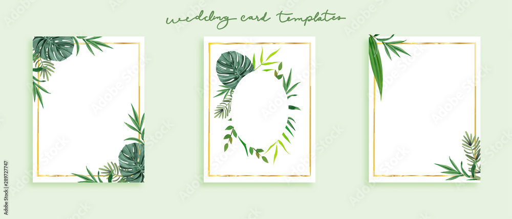 Beautiful set of wedding card templates. Decorated with wild leaves in green theme.