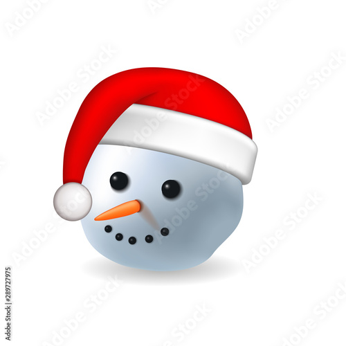 Snowman face 3D. Realistic snowman isolated white background. Cartoon head graphic design. Comic expression Santa Claus costume. Funny face, carrot, coals eyes. Simple face. Vector illustration