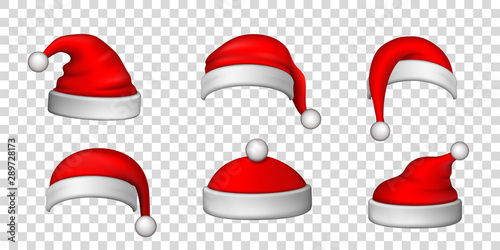 Santa Claus hat 3D set. Realistic Santa Claus hat isolated transparent background. Red funny cap silhouette. Merry Christmas clothes cute design. New year decoration wear costume. Vector illustration