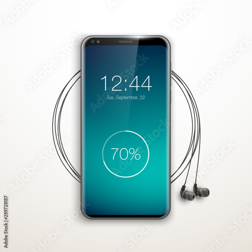 Image headphones on smartphone latest model background. Device for listening music on phone latest model background. Color stereo headphone for listening audio from phone. Banner earphones music party