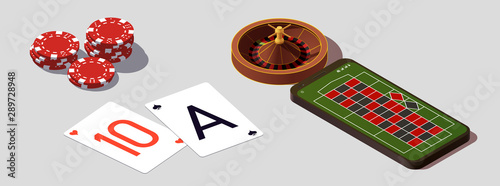 isometric illustration Blackjack in Online casino mobile phone app. Banner with Twenty-One and roulette Banner Online Casino isometric mobile phone app roulette and Blackjack Twenty-One Jackpot poster