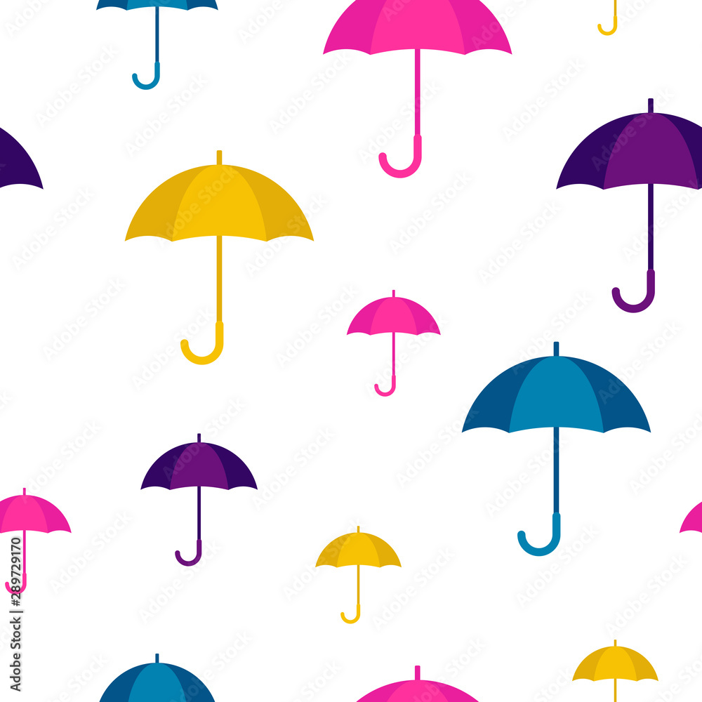 Open umbrella rain protection, seamless pattern. Rainy season, monsoon background. Vector illustration flat style isolated