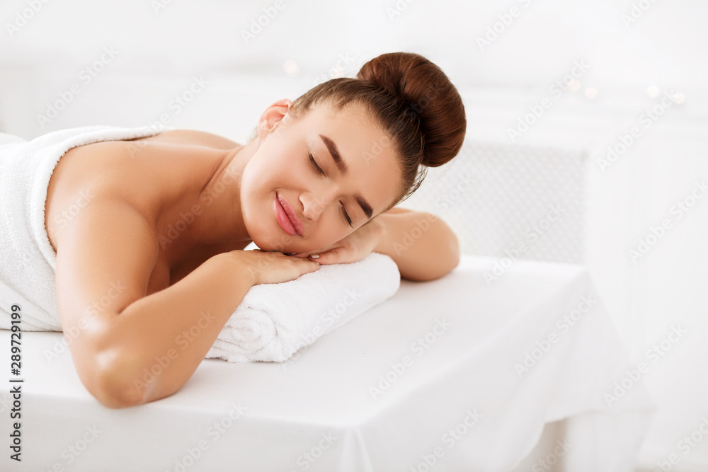 Spa skincare. Woman waiting for massage, free space
