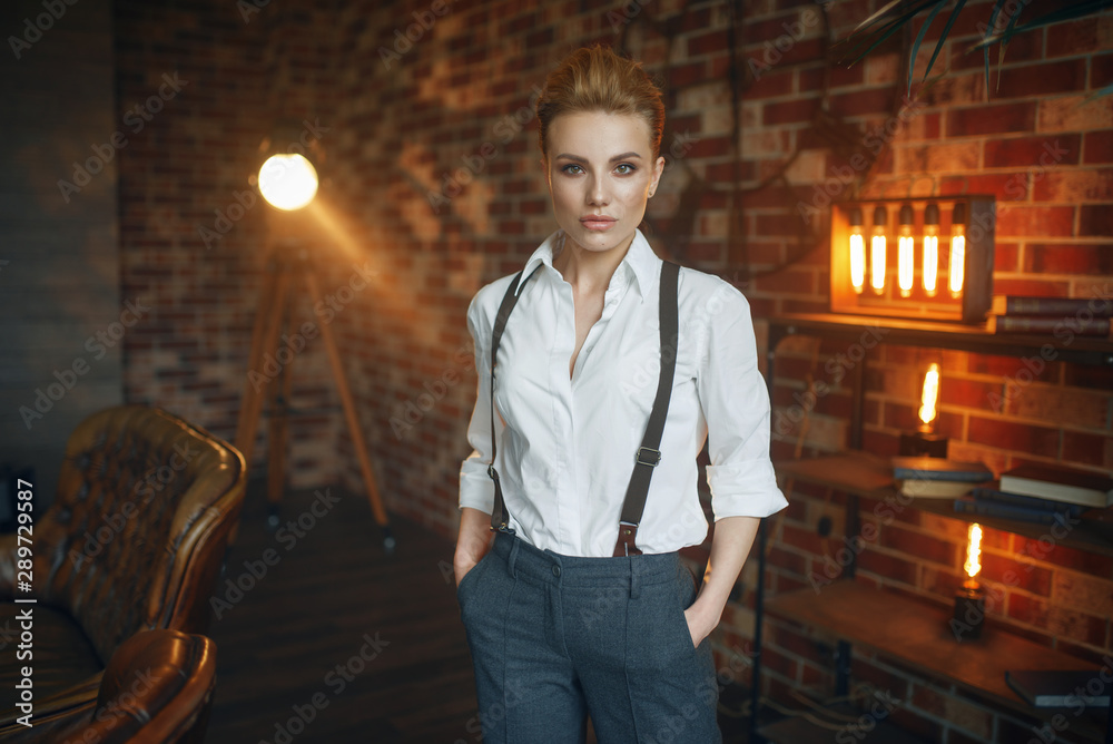 Woman in strict clothes, gangster style, mafia Stock Photo | Adobe Stock