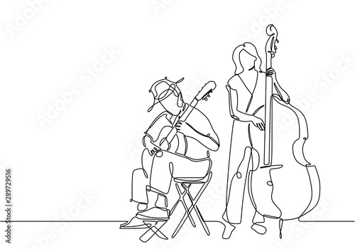 One line drawing of people playing classical music instrument. Man with acoustic guitar and girl with double bass isolated on white background. Continuous lineart sketch drawing vector illustration.