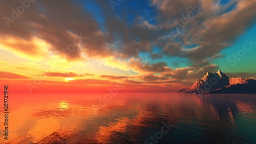 Beautiful sea sunset. The sun sets over the surface of the ocean. Island at sunset