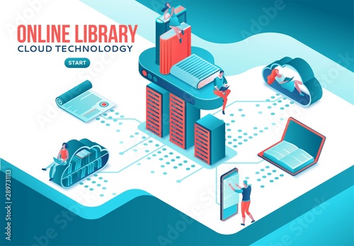 Online library isometric landing page, people read books on laptop, smartphone, gadgets, cloud computing technolodgy, website template design