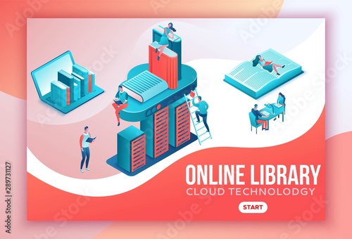Online library isometric landing page, people read books on laptop, smartphone, gadgets, cloud computing technolodgy, website template design