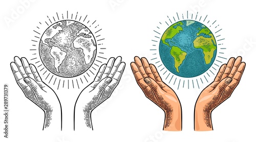 Earth planet in open female human palms. Vector black vintage engrav