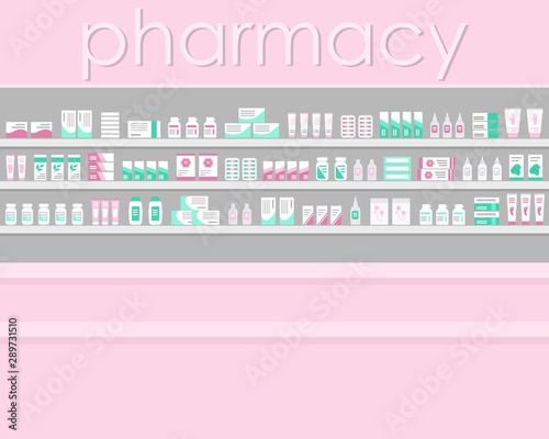 Pink pharmacy. Showcase with medicines. Interior. Vector illustration