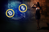 Sexy young secretary student or teacher presenting bitcoin dollar exchange symbol