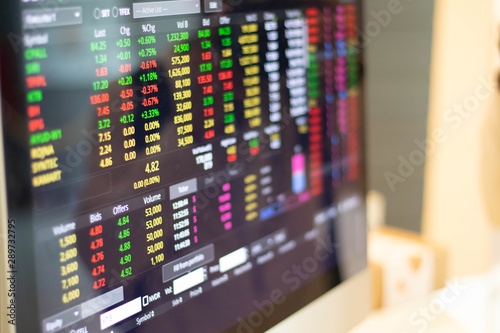 Computer screen showing stock market data Shows the economic fluctuations of the world to make it easier for those who want to invest. Stock trading concept.