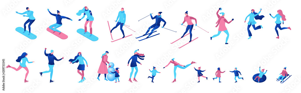 Isometric winter people set isolated, 3d vector sport family ice skating,  skiing, snowboarding, playing snowballs, kid on sleigh, simple skater, ski,  tubing, outdoor snow games, cartoon characters Stock Vector | Adobe Stock