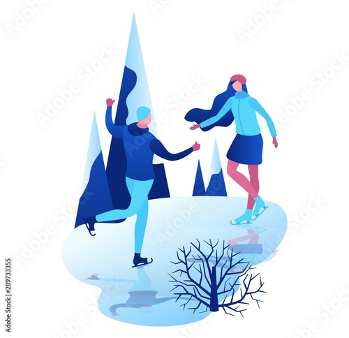 Ice skating couple, 3d isometric people, vector winter sport family, man and girl riding skate, simple skater, skating rink, outdoor snow games, minimal cartoon characters