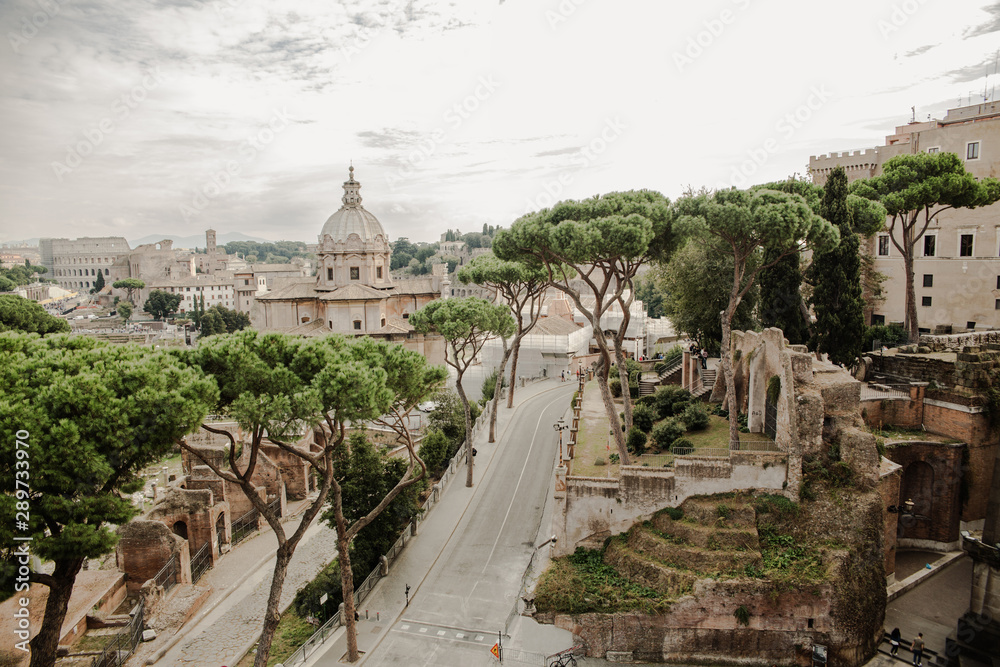 Roman Forum in Rome, Italy. Panorama of the famous Roman Forum or Foro Romano in summer. Ancient architecture and cityscape of historical Rome.