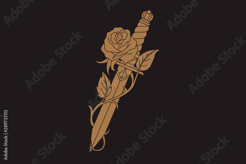 Fotografia Traditional tattoo with rose flower and dagger knife.