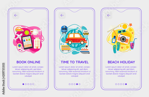 Flat design responsive Time To Travel UI mobile app splash screens template with trendy illustrations