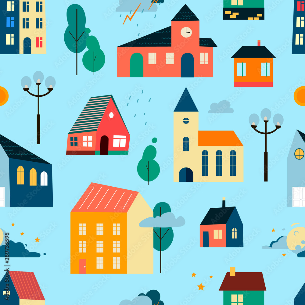 Vector patten with small tiny houses, trees and clouds.
