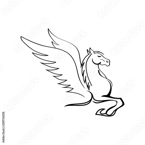 flying winged pegasus horse - black vector outline of greek mythology inspiration symbol