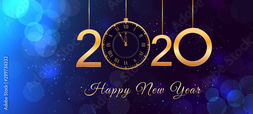 Happy New Year 2020 text design with hanging shiny golden numbers and vintage clock on abstract blue background with bokeh effect and glitter. Holiday banner, poster, card or invitation template
