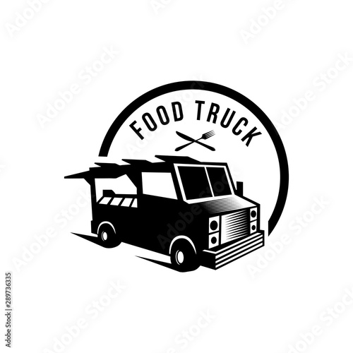 Vector illustration of street food truck graphic badge. Food old logo design