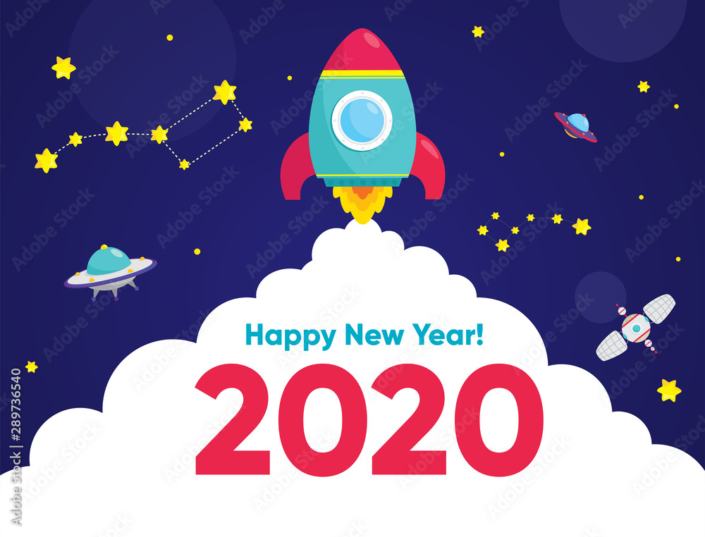 New Year 2020, space festive background with a rocket New Year 2020, space festive background with a rocket