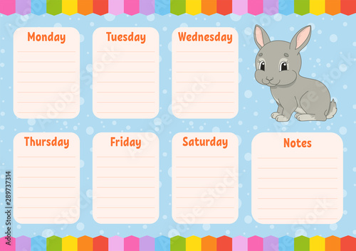 School schedule. Timetable for schoolboys. Empty template. Weekly planer with notes. Isolated color vector illustration. Funny character. Cartoon style.