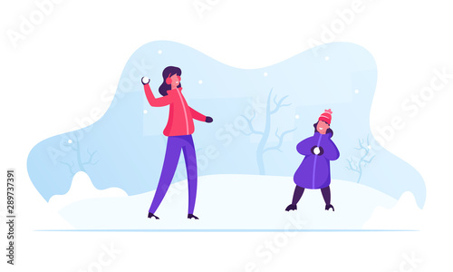 Happy Family Young Mother and Little Daughter Playing Snowballs on Street. Winter Season Outdoors Leisure and Activities. People Have Fun Christmas, New Year Holidays Cartoon Flat Vector Illustration