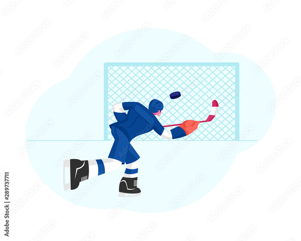 Fototapeta premium Young Hockey Player Character in Team Uniform Hitting Puck with Stick to Empty Gates, Sportsman at Competition, League Tournament. Sport Life, Sportsman in Game Motion Cartoon Flat Vector Illustration